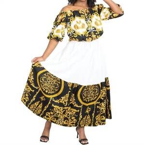 NEW KARA CHIC african print off-shoulder maxi dress in white